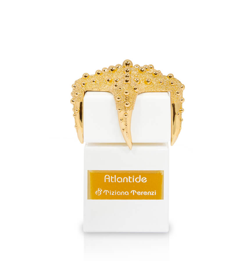 Flacone di profumo Tiziana Terenzi Atlantide bianco con un tappo dorato decorativo, ispirato a motivi marini, e logo dorato sul fronte.