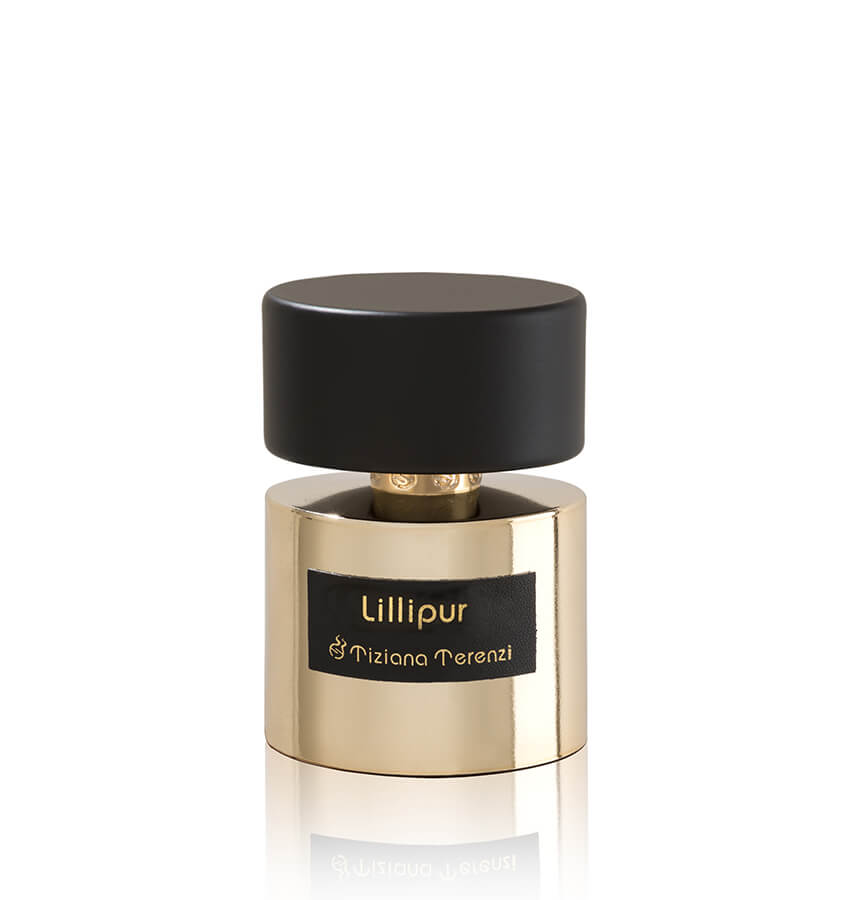 Flacone di profumo Tiziana Terenzi 'Lillipur' in color oro con tappo nero opaco. L'etichetta frontale nera riporta il nome 'Lillipur' in caratteri dorati.