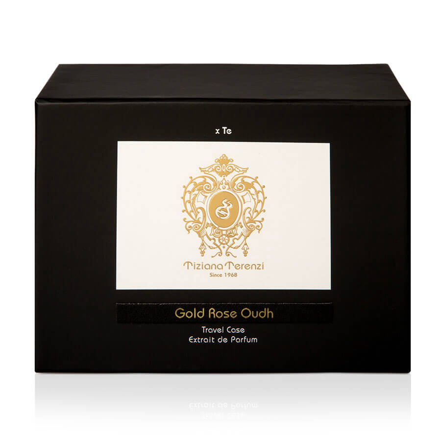 Scatola nera del profumo Tiziana Terenzi Gold Rose Oudh Travel Case Extrait de Parfum con il logo dorato e il nome del marchio in evidenza.