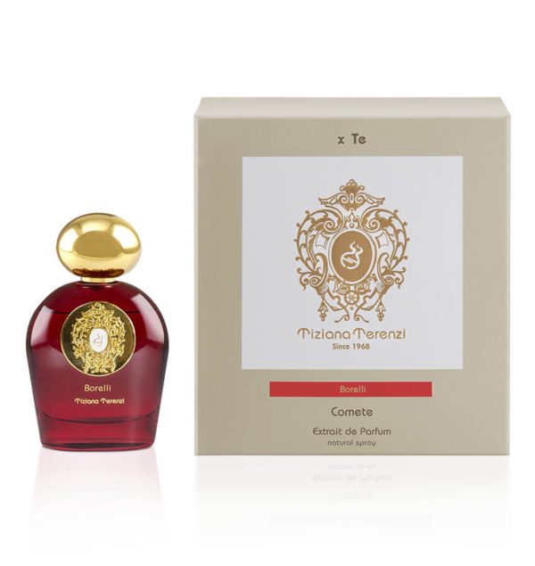 Bottiglia di profumo Tiziana Terenzi - Borelli, di colore rosso con dettagli dorati, accanto alla scatola beige con decorazioni dorate e etichetta rossa