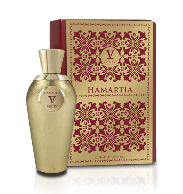 Flacone di profumo V Canto by Terenzi Hamartia con scatola decorata in oro e rosso