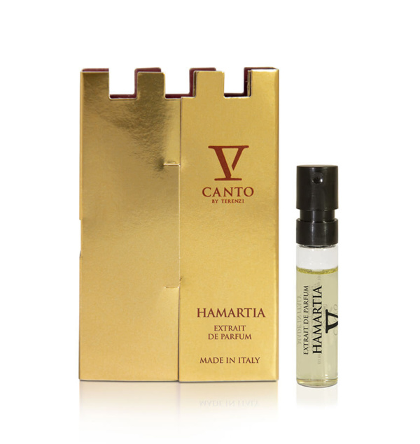 Vial di profumo V Canto by Terenzi Hamartia con scatola dorata decorata.