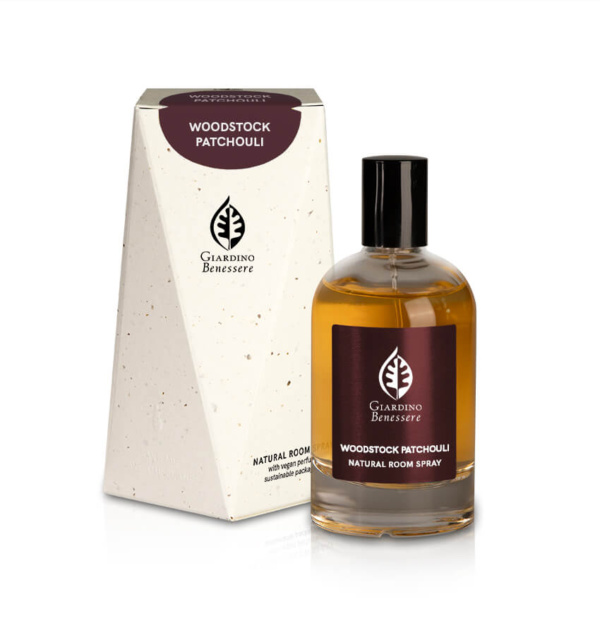 Room spray e scatola del profumo Woodstock Patchouli di Giardino Benessere.