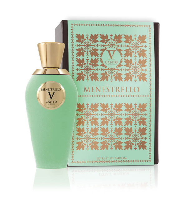 Bottiglia del profumo V Canto Menestrello di colore verde con tappo dorato, accanto alla scatola decorata in verde e oro con la scritta 'Menestrello' in evidenza.