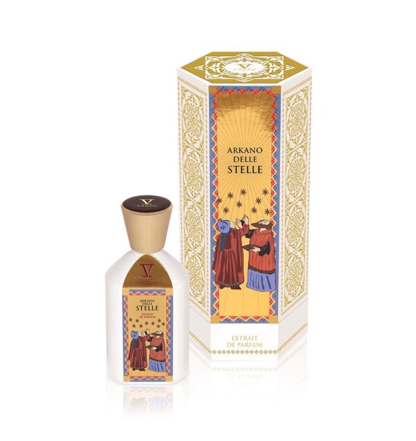 Bottiglia di profumo V Canto 'Arkano delle Stelle' con scatola decorata in oro e illustrazione artistica, raffigurante una scena suggestiva sotto le stelle. Design elegante e raffinato.